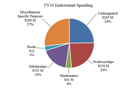$288 million, 27%, for miscellaneous specific purposes. $265 million, 24%, undesignated. $256 million, 24%, professorships, $41 million, 4%, maintenance, $191 million, 18%, scholarships. $32, 3%, books.